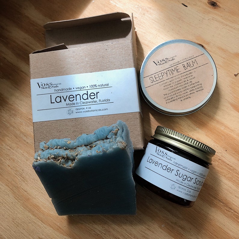 Stress Relief Lavender Sleep Balm Tension Aid Anxiety Gift Sleepy Time Balm Relaxation Self-Care Gift Box Add Bar & 2 oz Scrub