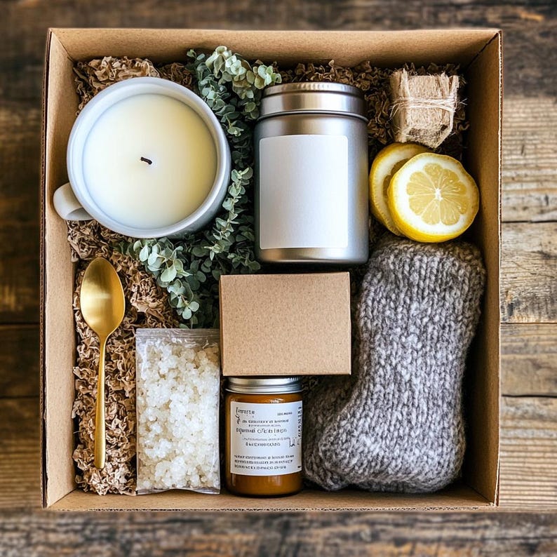 May include: A gift box filled with self-care items, including a white candle, a silver tin, a brown box, a small bag of white crystals, a brown jar of bath salts, a gray knitted scarf, and lemons.