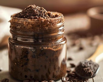 May include: A glass jar filled with a brown coffee scrub, surrounded by coffee beans on a wooden surface.