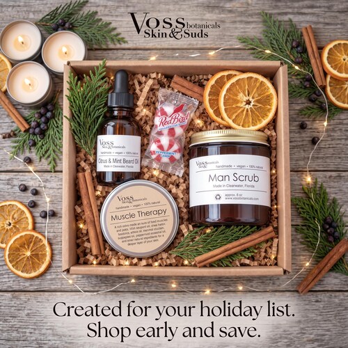 Vegan Man Spa Gift Box: Beard Oil, Aftershave, Muscle Therapy, Hand and Body Scrub, Handmade Self-Care Luxury Gift For Men, Holiday Gifting