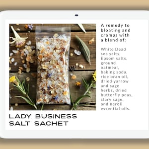 Lady Business salt sachet with dried yarrow andsage herbs, clary sage and neroli essential oils.