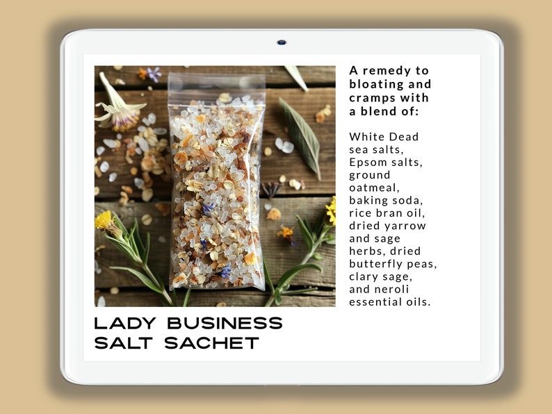 Lady Business salt sachet with dried yarrow andsage herbs, clary sage and neroli essential oils.