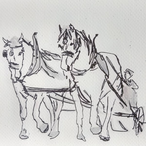 Peinture de ferme belge/dessin de cheval de trait à la plume et à l'encre/décor champêtre amish/oeuvre d'art cheval au travail/cheval percheron/Christine Brock