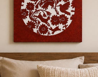Mexican inspired Otomi art by Christine Brock. Unique animal artwork.  Cute woodland animal painting. Burnt sienna acrylic wall art. Deer
