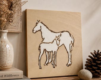 Horse painting on wood. Ready to hang. Modern farmhouse, equestrian decor. Woodburned and painted.