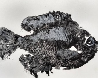 Gyotaku bluegill fish on hardboard canvas. Fish painting ready to hang.