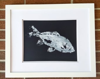 Modern koi fish painting/koi gyotaku/black and white fish decor/Japanese design/carp/lake house decoration by Christine Brock