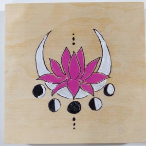 Celestial lotus, moon, flower art on wood. Ready to hang. Hand made