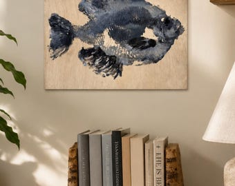 Beautiful gyotaku fish print on wood.