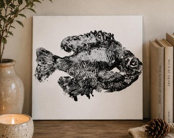 Gyotaku bluegill fish on hardboard canvas. Fish painting ready to hang.