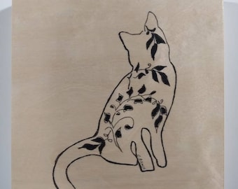 Decorative black cat folk art drawing on wood canvas. Purrrfect for any cat lover. Ready to hang.