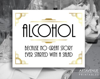 Hochzeit Party Bar Schild Dekorationen, Great Gatsby Alkohol Zeichen druckbare, Art Deco Roaring 20 es Hochzeit Partydekorationen, Instant Download
