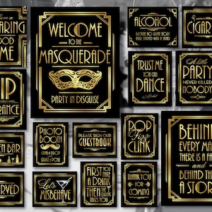 Masquerade Party Sign Bundle,, Art Deco Masquerade Party Decorations, Great Gatsby 1920s Party Printables, Instant Download AA102