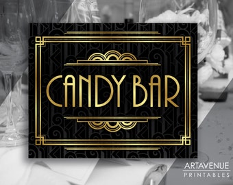 Art Deco Printable Art - "CANDY BAR" Gatsby Party Sign - Art Deco Pattern Background Faux Gold digital file - ADC1