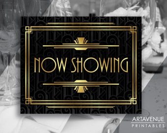 Art Deco Printable Art - "NOW SHOWING" Gatsby Party Sign - Art Deco Pattern Background Faux Gold digital file - ADC1