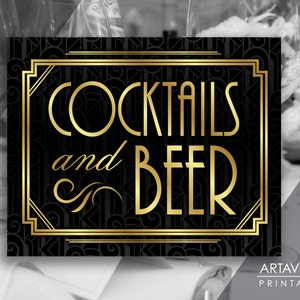 Great Gatsby Party Sign Download, Cocktails and Beer Sign Printable, Art Deco Roaring 20&#39;s Wedding Party Decorations, Instant Download ADC1