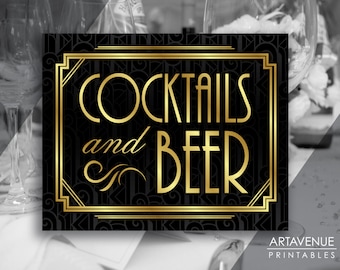 Great Gatsby Party Schild Download, Cocktails und Bier Schild zum Ausdrucken, Art Deco Roaring 20's Hochzeit Dekorationen, Sofort Download ADC1