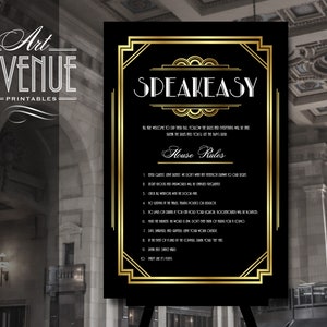 Plantilla de letrero con reglas para bares clandestinos / Letrero dorado con reglas para fiestas clandestinas Gatsby de 24 x 36 y 18 x 24 / Letrero Art Decó para fiestas de los años 20 imprimible n.° 003 AD44