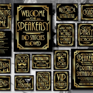 Great Gatsby Speakeasy Party Signs, Digital Art Deco Party Sign Bundle, 1920s Party Downloads, Roaring 20s Wedding Signs Download BG105