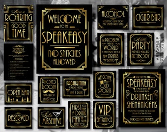 Great Gatsby Speakeasy Party Signs, Digital Art Deco Party Sign Bundle, jaren 1920 Party Downloads, Roaring 20s Wedding Signs Download BG105