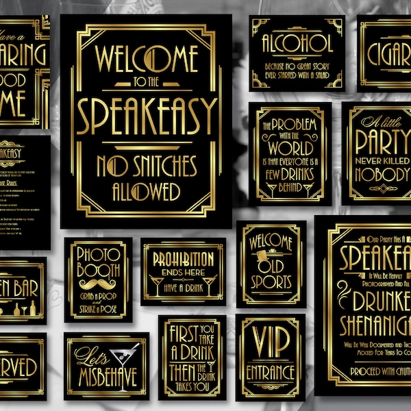 Gran Gatsby Speakeasy Party Signs, Digital Art Deco Party Sign Bundle, 1920s Party Downloads, Roaring 20s Wedding Signs Descargar BG105
