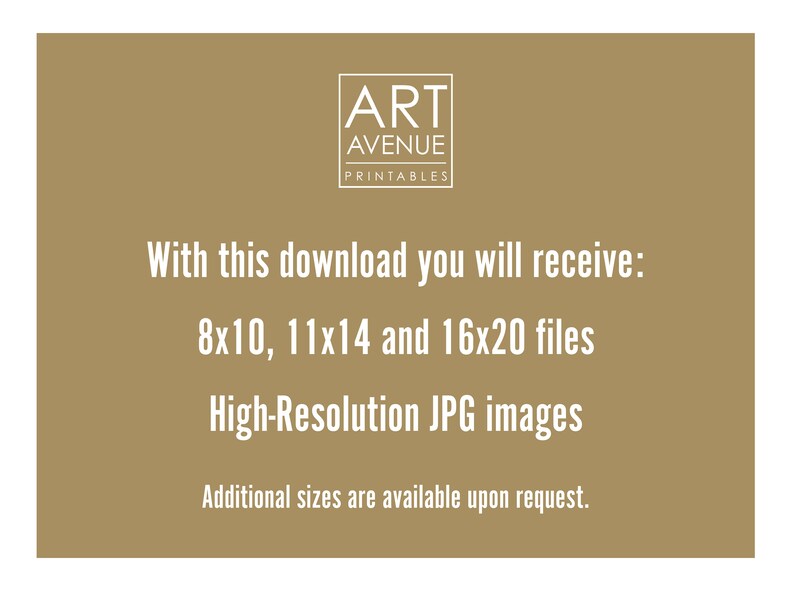 Puede incluir: Texto sobre un fondo marr&oacute;n que dice "ART AVENUE PRINTABLES". Debajo del texto hay una descripci&oacute;n que dice "Con esta descarga recibir&aacute;s: 8x10, 11x14 y 16x20 archivos Im&aacute;genes JPG de alta resoluci&oacute;n Tama&ntilde;os adicionales disponibles a petici&oacute;n."