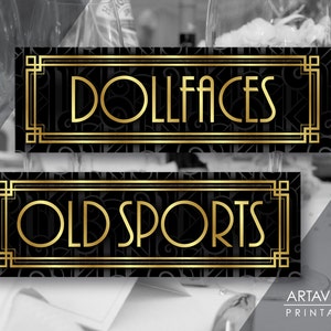 Printable Art &quot;DOLLFACES&quot; and &quot;OLD SPORTS&quot; Signs - Gatsby Wedding Restroom Signs Art Deco Pattern Background - Faux Gold - ADC1