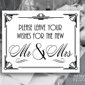 Gatsby Wedding Printable Art Deco Sign - &quot;Wishes For the Mr & Mrs&quot; Printable Wedding Sign - Black and White - ADWB1