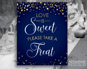 Navy and Gold Confetti Love Is Sweet Sign Download | Gold Confetti Please Take A Treat Printable | Navy Blue Gold Dessert Sign NGC11