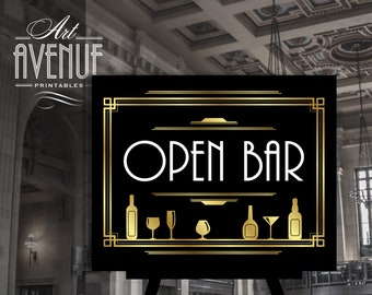 Editable Open Bar Sign Template | Gold Gatsby Wedding Party Open Bar Sign | Art Deco Roaring 20s Sign Printables #003 AD9