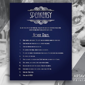 Speakeasy huisregels bord afdrukbaar, marineblauw en zilver art-deco bruiloftsfeestdecor, Gatsby-feestdecor afdrukbaar bord AA123