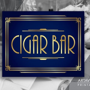 Art Deco Cigar Bar Sign Printable, Navy Blue Art Deco Roaring 20&#39;s Wedding Party Decorations, Instant Download NG1