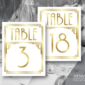 Gold Art Deco Table Signs, Gatsby Wedding Party Printable, Table Numbers 1-20, Roaring 20&#39;s Party, Instant Download ADWG1