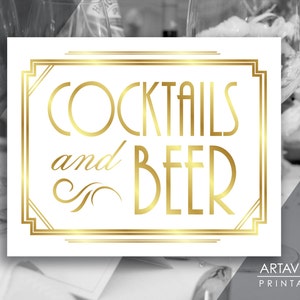 Printable Art Gatsby Wedding Art Deco Sign - &quot;COCKTAILS and BEER&quot; Sign - Faux Gold digital file - ADWG1