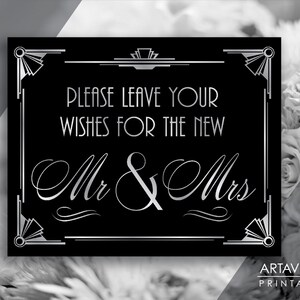 Gatsby Wedding Printable Art Deco Sign - &quot;Wishes For the Mr & Mrs&quot; Printable Wedding Sign - Black and Silver - ADBS1