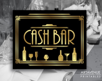 Great Gatsby Bar Schild zum Ausdrucken, Cash Bar Schild, Roaring 20's Art Deco Hochzeit Party Dekorationen, Instant Download ADBG1