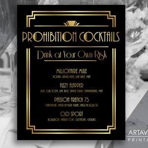 Custom PROHIBITION COCKTAILS Sign Printable | Art Deco Bar Menu Downloads | Gatsby Wedding Art Deco Menu Sign - Black and Gold ADBG1