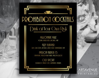 Benutzerdefiniertes Verbot Cocktails Bar Menü zum Ausdrucken, Art Deco Bar Menü Zeichen Download, personalisierte Gatsby Hochzeit Party Menü Download ADBG1