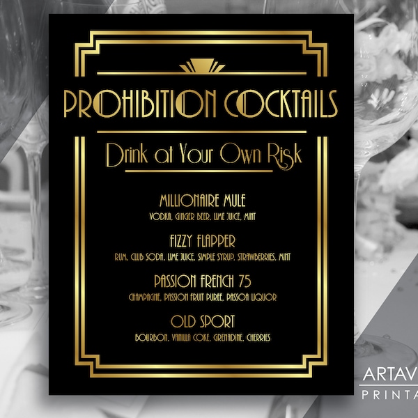 Custom PROHIBITION COCKTAILS Sign Printable | Art Deco Bar Menu Downloads | Gatsby Wedding Art Deco Menu Sign - Black and Gold ADBG1