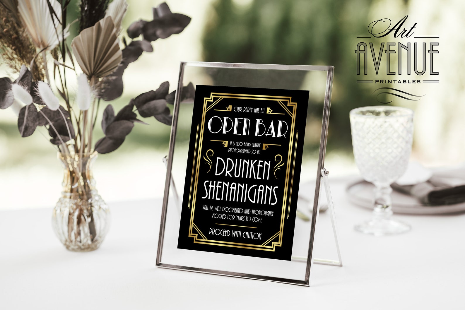 Open Bar Shenanigans Editable Sign Template Gold Gatsby Sign Etsy