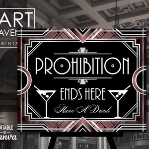 Prohibition Ends Here Sign Printable, Silver Red Art Deco Party Bar Decorations, Roaring 20&#39;s Party, Editable Vector Art Download AA189
