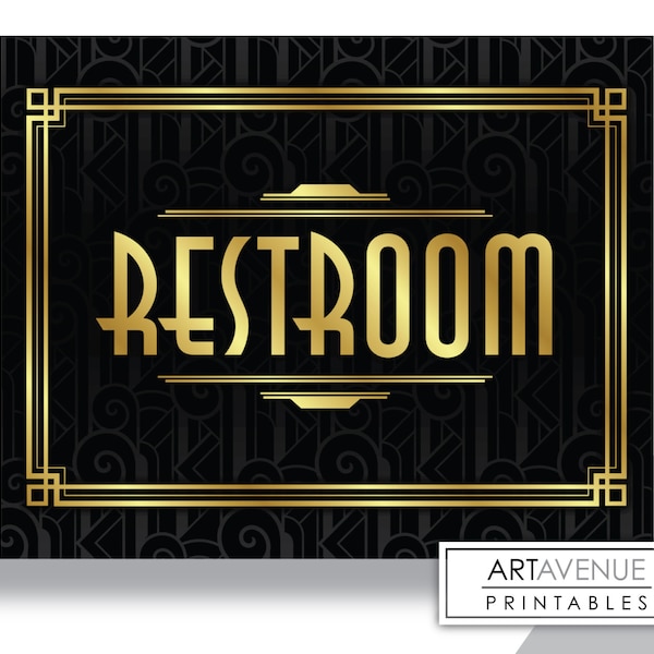 Printable Art Gatsby Wedding Art Deco Sign - "RESTROOM" Sign - Art Deco Pattern Background Faux Gold digital file - ADC1