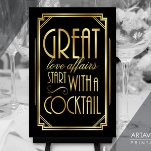 Great Love Affairs Start With A Cocktail Sign Pobierz | Roaring 20's Gatsby Wedding Party Poster Pobierz | 24x36 Art Deco Printable BG44