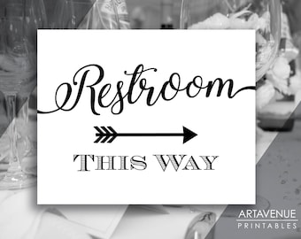 Chic Black and White Party Signs | Restroom This Way Sign | Restroom Sign Printables | Restroom Arrow Signs | Wedding Sign Downloads SCBW69