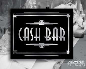 Gatsby Bar Decor druckbares Cash-Bar-Schild, Gatsby Party, Roaring Twenties Party Dekor, Art-Deco-Partyzubehör - Schwarz und Silber - ADBS1
