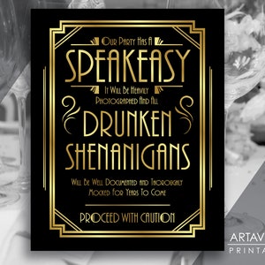Art Deco Speakeasy dronken shenanigans offerte teken afdrukbare, 1920's bruiloft Roaring Twenties Great Gatsby Party Decorations Jpg Svg-download