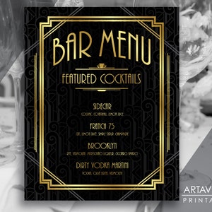 Art Deco Bar Menü Download, Benutzerdefinierte 1920's Bar Karte, Great Gatsby Hochzeit Party Dekorationen, Roaring 20's Prohibition Party Menü ADC1