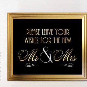 Hinterlassen Sie bitte Ihre Wünsche für den neuen MR. & MRS. Druckbares Zeichen Gatsby Hochzeit Art Deco Zeichen - Faux Gold Silber digitale Datei - ADC1