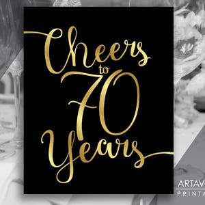 Imprimibles elegantes en negro y dorado / SALUD POR LOS 70 AÑOS / Descargas de carteles para fiestas / Carteles para fiestas de cumpleaños por el 70.° aniversario, decoración de fiestas dorada SCBG82