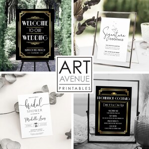 May include: Four printable signs with a black and gold art deco design. The signs include a wedding welcome sign, a bridal shower invitation, a signature cocktails sign, and a prohibition cocktails sign.